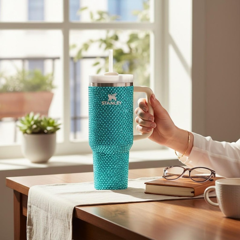 Puede incluir: Un vaso Stanley turquesa con asa y pajita blancas, con superficie texturizada. El vaso tiene el logotipo de Stanley y se sostiene cerca de una ventana, con un libro y gafas sobre una mesa.