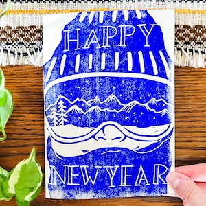 Bonne année faite à la main Lino Print 5x7 pouces Carte et enveloppe