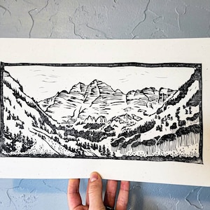 Maroon Bells Colorado - Stampa Originale a Blocchi - Fine Art Relief Linocut