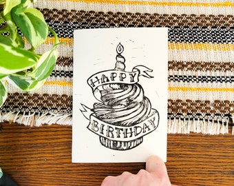 Happy Birthday - Traditional Tattoo Style Manly Cupcake Card - 4.5 x 6.25 inches