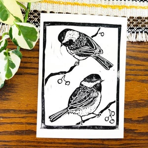 Mésange à tête noire - Carte d’art Bird Lover - Impression en bloc originale - Fine Art Relief Linogravure - 5 x 7 pouces