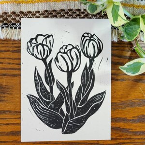 Tulipe - Carte de fête des mères - Impression de bloc originale - Linogravure en relief fine - Carte d’art