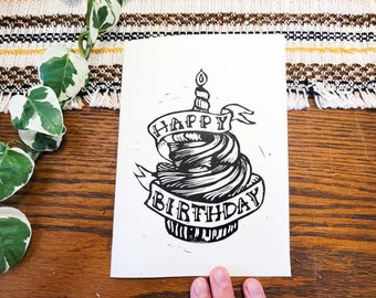 Happy Birthday - Traditional Tattoo Style Manly Cupcake Card - Handmade in USA - 5 x 7inch