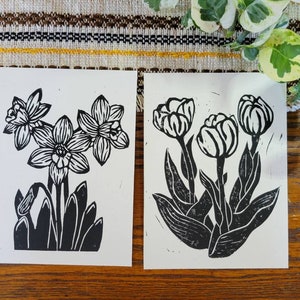 Tulipes et jonquilles - Cartes de la fête des mères - Impression en bloc originale - Linogravure en relief d’art - Carte d’art