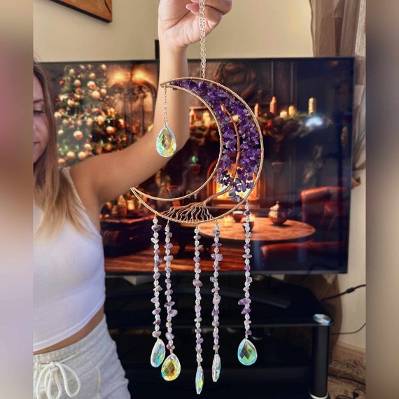 Moon Wind Chimes with Amethyst Tree for Purple Room Decor Aesthetic,  Hanging Crystal Decor for Home Decor Wall, Purple Bedroom Decor for Women,  Home