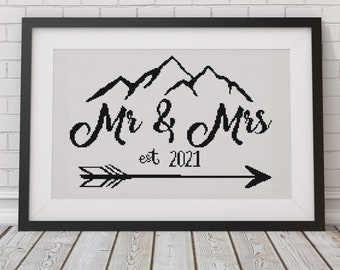 Mr. & Mrs. Wedding and Couples Rustic Wall Art Quote with Number Pattern - Modern Counted Cross Stitch Pattern (PDF Digital Download Only)