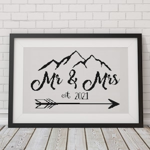 Mr. & Mrs. Wedding and Couples Rustic Wall Art Quote with Number Pattern - Modern Counted Cross Stitch Pattern (PDF Digital Download Only)