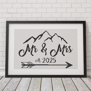 Mr. & Mrs. Wedding and Couples Rustic Wall Art Quote with Number Pattern - Modern Counted Cross Stitch Pattern (PDF Digital Download Only)