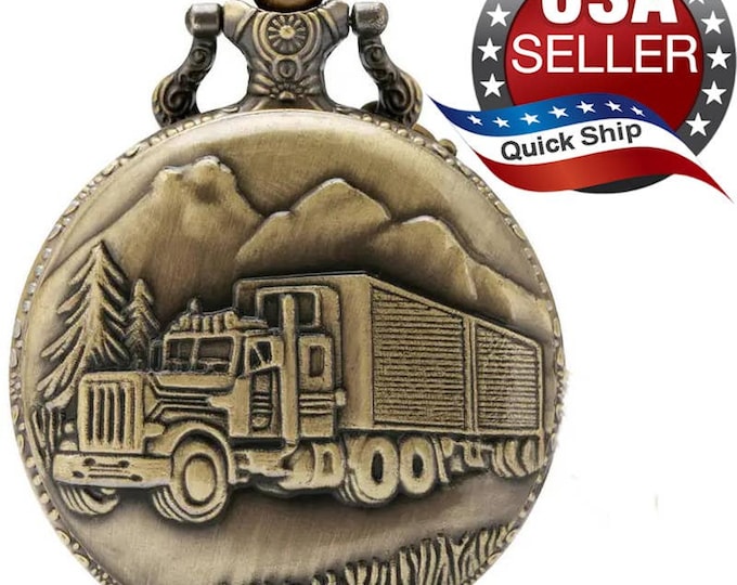 Pocket Watch & Chain • Semi Truck • Trucker • Aged Bronze • DADS • GRADS