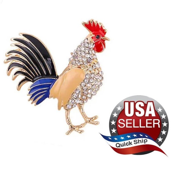 Dazzling Rooster Brooch • Red Black Blue Brown Enamel • White Rhinestones