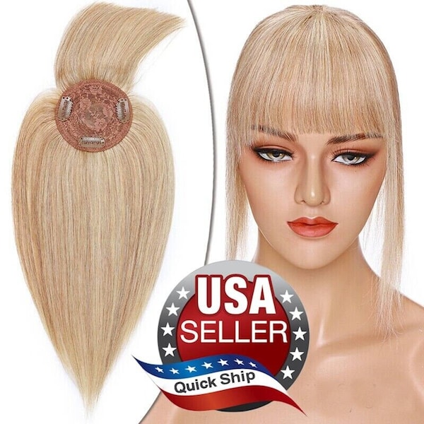 Remy 100% Human Hair Topper Women Ash Blonde Mix Clip-In 14in Hairpiece w/ Bangs