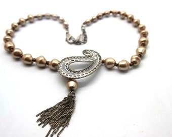 Coldwater Creek Faux Golden Baroque Pearl Necklace Etched Paisley with Tassel