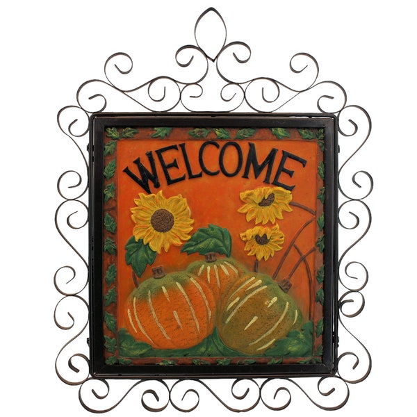 3D 12x11in. ‘Welcome’ Ceramic Tile • Thanksgiving Fall Theme Pumpkins Sunflowers