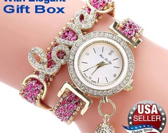 Strass-Armband-Armband-Uhr 'Love' Quarz Analog Pink & Clear Stones • Boho