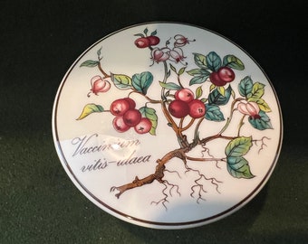 May include: A white ceramic plate with a brown rim features a botanical illustration of a plant with red berries and green leaves. The text "Vaccinium vitis-idaea" is written in brown lettering on the plate.