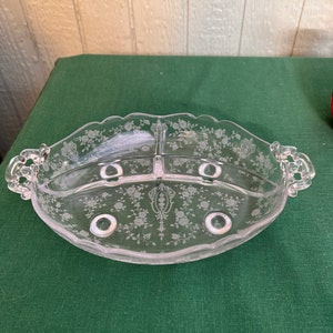 Cambridge Rose Point divided relish dish-footed