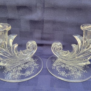 Set of 2 Fostoria Meadow Rose Clear Single Candlesticks