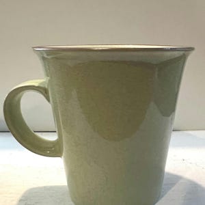 May include: A light sage green ceramic mug with a smooth, glossy finish and a slightly flared rim. The mug features a curved handle on the left side and a thin, dark brown band along the top edge of the rim, providing a subtle contrast to the body.
