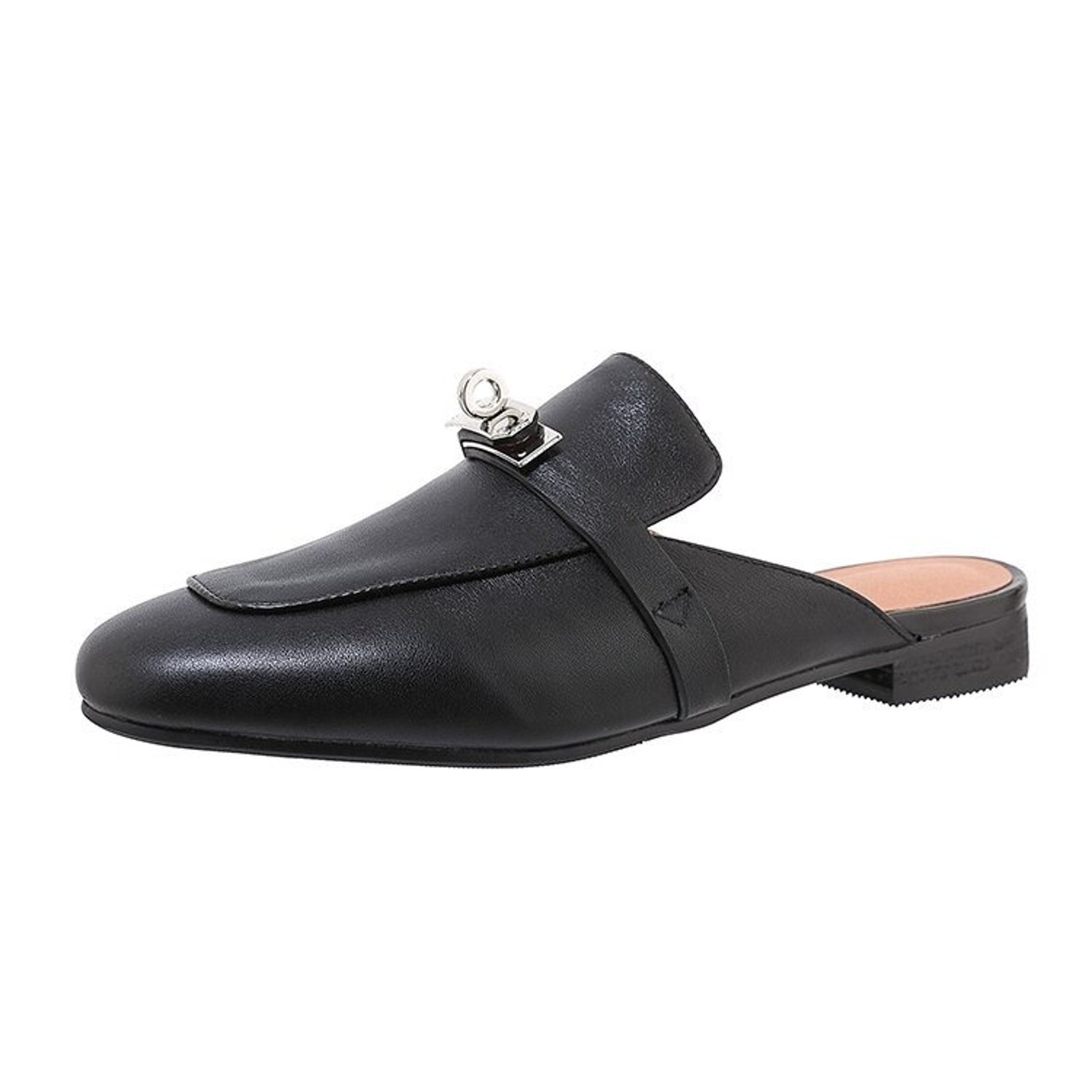 Women's Genuine Leather Flat Mules Women's Metal Lock Etsy