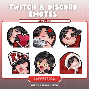 May include: A collection of six digital emotes featuring a character with black hair and red clothing. The emotes depict different expressions and actions, including holding a heart, a gun, and a sign that says "RAID". The text "TWITCH & DISCORD EMOTES" is at the top.