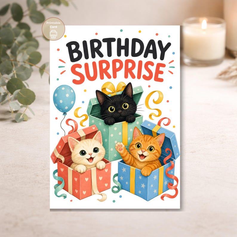 Cat Birthday Card, Birthday Surprise Kittens, Kids Printable, Digital Download image 10