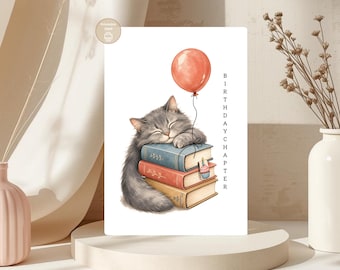 Cat Birthday Card, Sleepy Book Cat, Cozy Printable, Digital Download