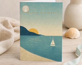 Coastal Birthday Card, Sailboat Printable Card, Beach Sunset, Digital Download