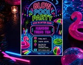 Glow Pool Party Birthday Invitation Editable Canva Invite, Neon Swim Party 5x7 Printable Digital Invitation Instant Download