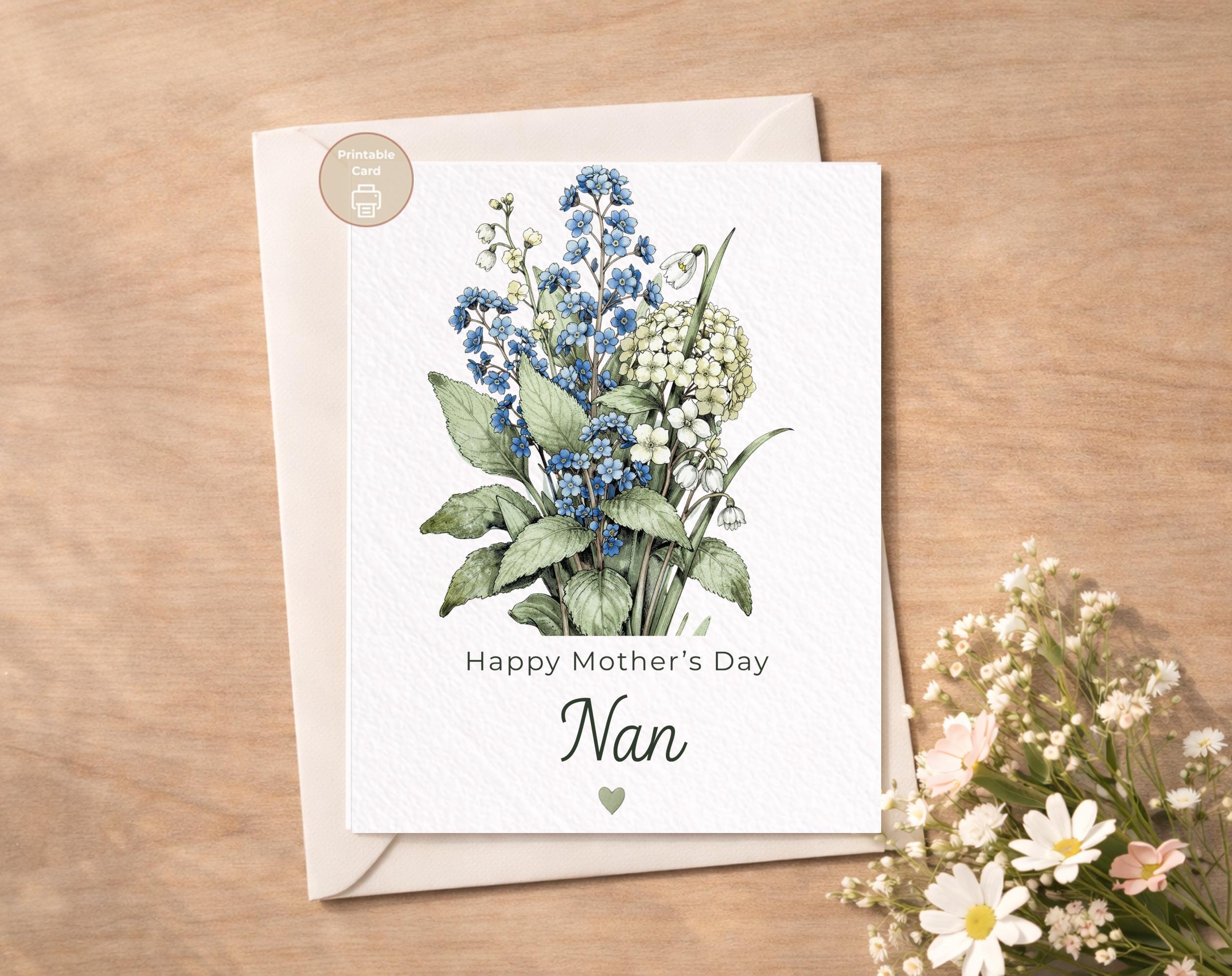 Happy Mother's Day Nan Printable Card, Blue Floral Mother's Day Card ...
