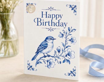 Birthday Card, Blue Bird Floral, Delft Style, Digital Download