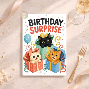 Cat Birthday Card, Birthday Surprise Kittens, Kids Printable, Digital Download image 8