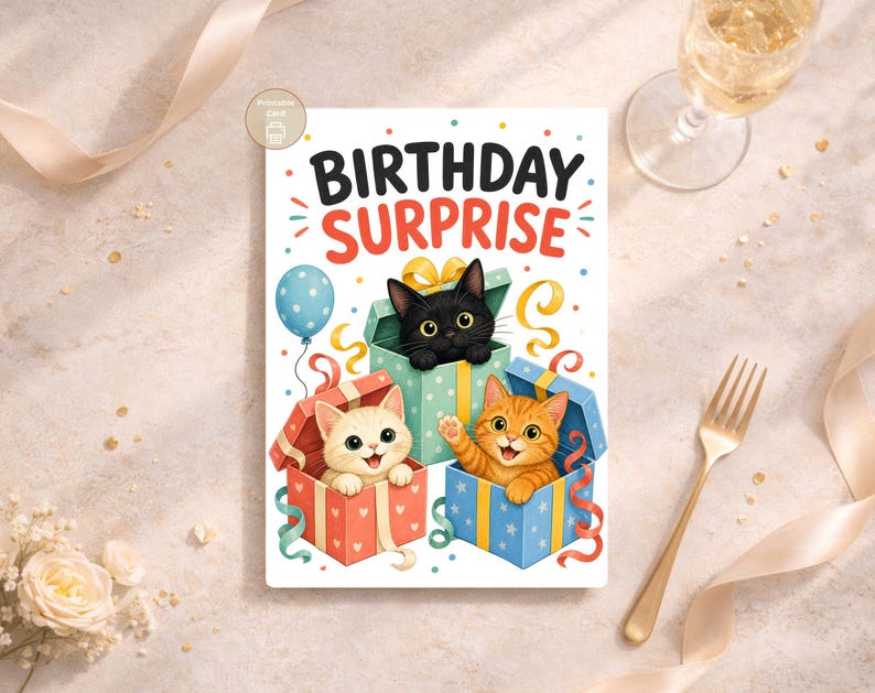 Cat Birthday Card, Birthday Surprise Kittens, Kids Printable, Digital Download image 8