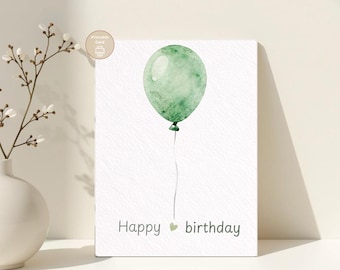Happy Birthday Printable Card, Green Balloon Birthday Card, Minimal Birthday Card, Instant Download