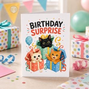 Cat Birthday Card, Birthday Surprise Kittens, Kids Printable, Digital Download image 1