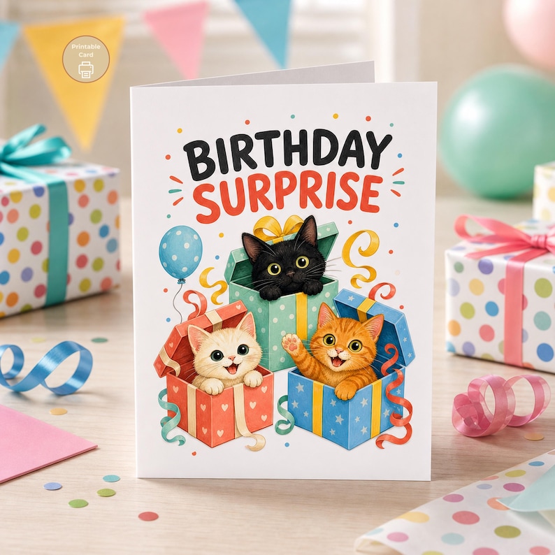 Cat Birthday Card, Birthday Surprise Kittens, Kids Printable, Digital Download image 1