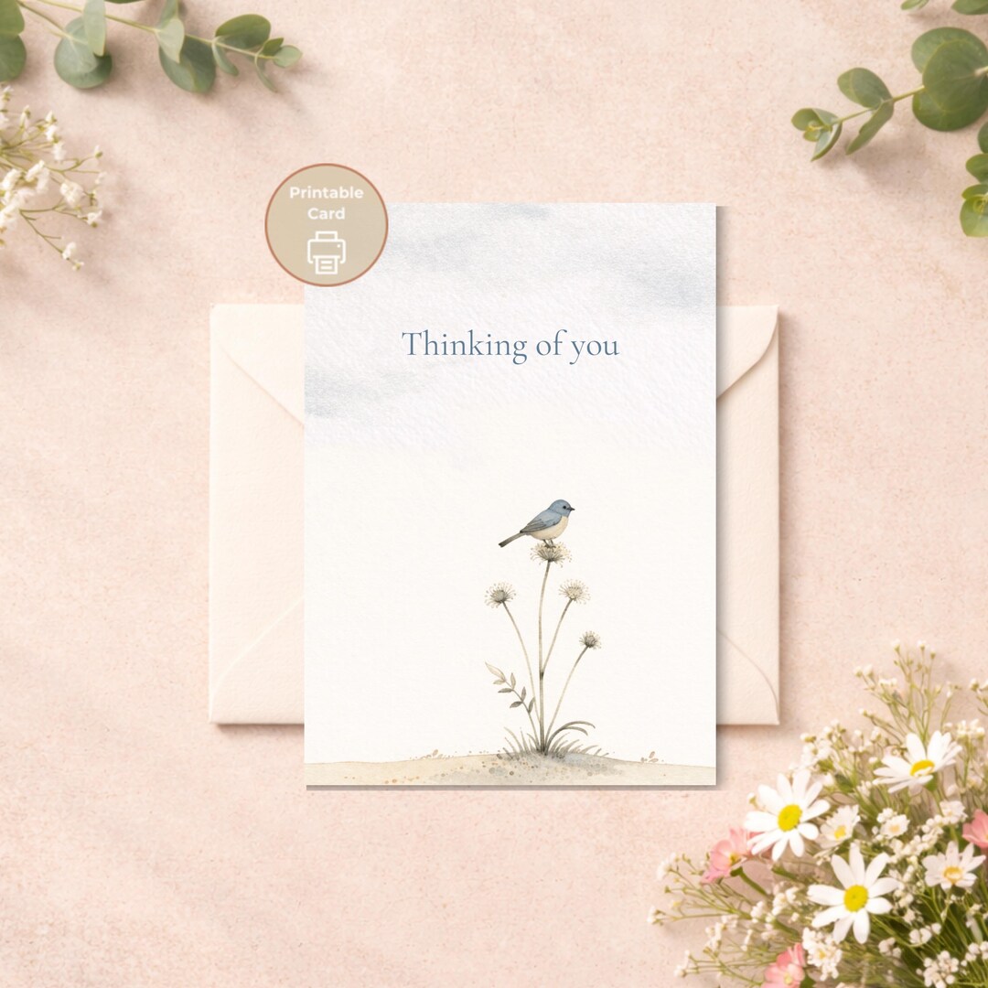 Printable Thinking of You Card, Watercolor Bird Greeting (digital ...