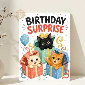Cat Birthday Card, Birthday Surprise Kittens, Kids Printable, Digital Download image 2