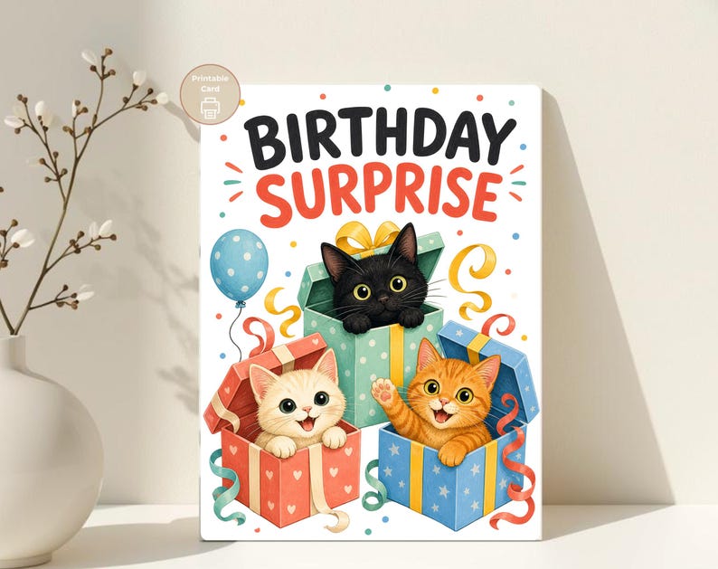 Cat Birthday Card, Birthday Surprise Kittens, Kids Printable, Digital Download image 2