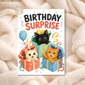 Cat Birthday Card, Birthday Surprise Kittens, Kids Printable, Digital Download image 9
