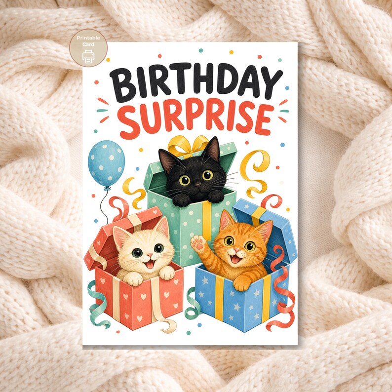 Cat Birthday Card, Birthday Surprise Kittens, Kids Printable, Digital Download image 9