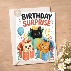 Cat Birthday Card, Birthday Surprise Kittens, Kids Printable, Digital Download image 7