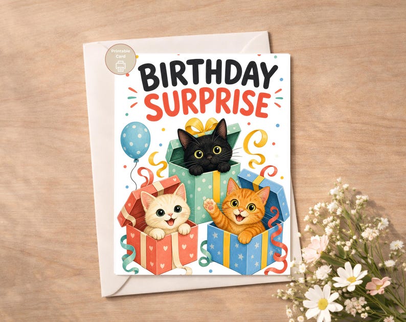 Cat Birthday Card, Birthday Surprise Kittens, Kids Printable, Digital Download image 7