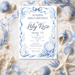 May include: A blue and white invitation card with the text "SUMMER SHELLABRATION" and "Lily Rose turns 13". The design features seashells, starfish, and blue ribbons. The invitation includes RSVP details.