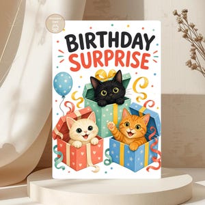 Cat Birthday Card, Birthday Surprise Kittens, Kids Printable, Digital Download image 3