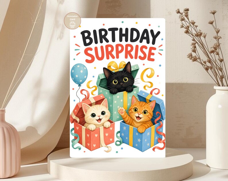 Cat Birthday Card, Birthday Surprise Kittens, Kids Printable, Digital Download image 3