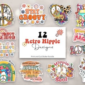 Retro Hippie Printable Sticker Bundle, Retro Stickers, Sticker Bundle, Print and Cut Stickers, Reto Clipart, Hippie Stickers, Hippie Quotes