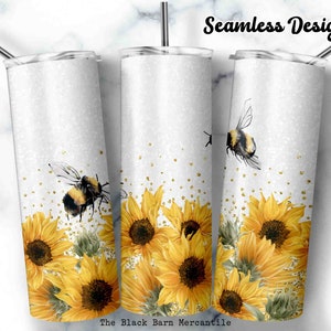 Sonnenblumen & Bienen 20 oz. Skinny Tumbler Wrap, Honeybee Tumbler Wrap, Sonnenblumen Tumbler Wrap, Glitter, Nahtloses Sublimationsdesign, Digital