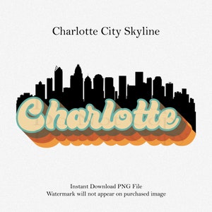 Horizonte de la ciudad de Charlotte retro, diseño de sublimación, imágenes prediseñadas de Carolina del Norte, pegatina de impresión y corte, descarga digital, calcomanías estatales, fuente retro