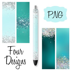 Teal Iridescent Glitter Pen Wraps, Four Designs, Inkjoy Epoxy Pen Wraps, Pen Skins, Sublimation Pen Design, Instant Digital Download, PNG