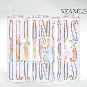 Illinois 20 oz. Skinny Tumbler Wrap, Retro Bloemen, State Tumbler Wrap, Naadloos sublimatieontwerp, Digitale download, Digitale sjabloon, PNG